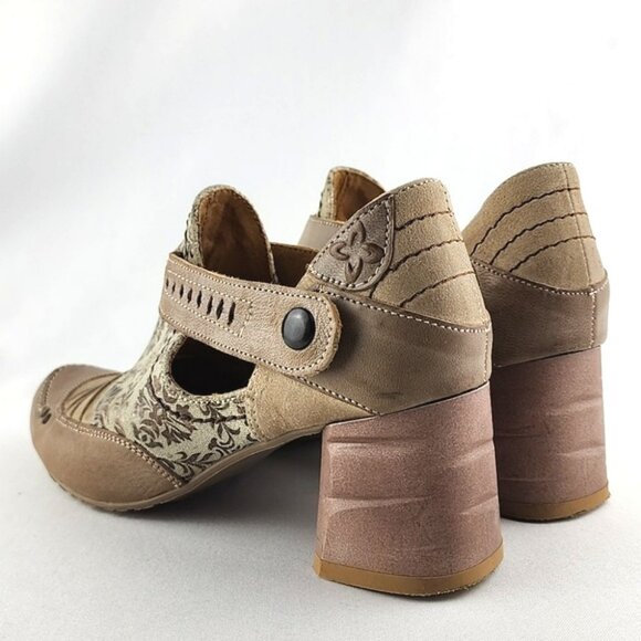 Maciejka Women's Leather Heeled Taupe Cream Floral Print Shoes Block Heel Sz 37 - Picture 4 of 16